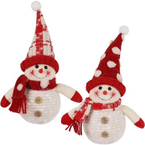 Juegoal 2 Pack Christmas Table Decorations, 10 Inch Lighted Snowmen Figurines, Light Up Snowman Holiday Present, Battery Operated Xmas Gifts Tabletop Ornaments Dinner Party Supplies, Red Brim