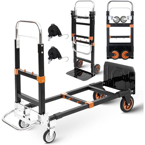 Upgraded 3 in 1 Folding Hand Truck, 600lbs Capacity, Heavy Duty Convertible Dolly with Retractable Handle and 4 Rubber Wheels, Collapsible Cart for Moving Home, Office, Warehouse(Orange)