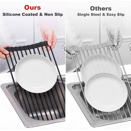 MERRYBOX 20.5 x 13 Roll Up Dish Drying Rack Silicone Wrapped Over The Sink Dish Drying Rack Multipurpose Foldable Sink Drying Mat, Heat-Resistant & Anti-Rust Dish Rack for Kitchen Sink, Large, Black