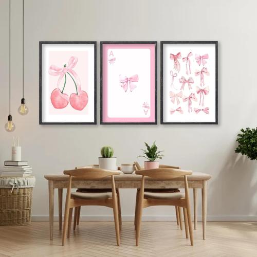 flowtorely Set Of 3 Trendy Pink Bows Poster Wall Art 24x16 Inch Girly Preppy Room Watercolor Aesthetic Wood Frame Sign For College Apartment Cherry Heart Poker Prints Girls Bedroom Hang Decor (Black) - frames with scratches