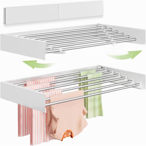 Wall Mounted Clothes Drying Rack 40 inches, Foldable Wall Mount Laundry Rack Folding Indoor, Drying Rack Clothing Collapsible, Hidden Space Saver with Wall Template, 6 Rods, White