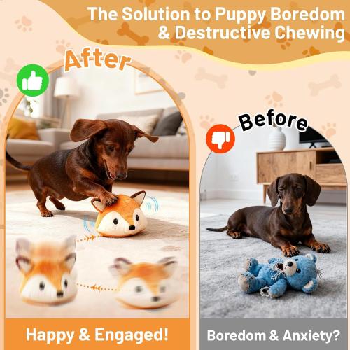 Interactive Fox Puppy Toy for Boredom Relief - Automatic Self-Moving, Bouncing & Vibrating with Sound for Entertainment & Play | Rechargeable & Chew-Resistant for All Breed Sizes