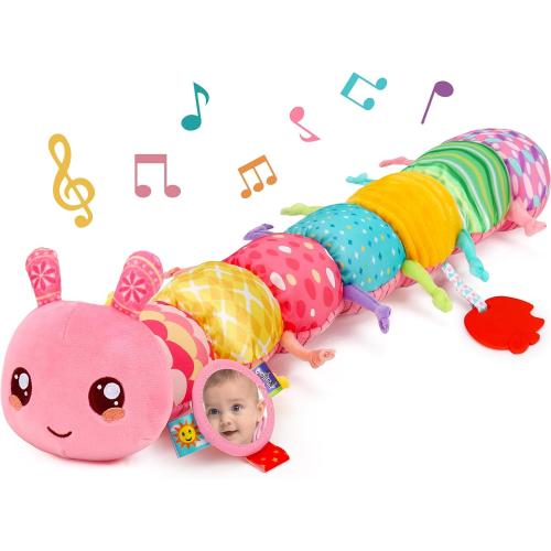 Baby Girls Toys 0-6 Month Music Animal Stuffed Caterpillar Toy for Infant 0-3 3-6 Months with Mirror Crinkle Rattle Tummy Time Sensory Toys for 3 4 5 6-12 Month Old Newborn Baby Shower Birthday Gifts