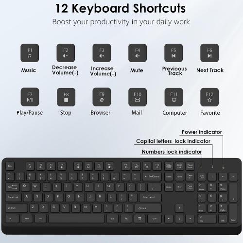 BKA BYA Wireless Keyboard and Mouse Combo,Full Size Quiet Keyboard and Mouse, 2.4GHz USB Receiver, Cordless Silent Keyboard and Mouse for PC, Windows, MAC, Laptop, Black