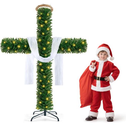 76 Inch Cross Christmas Tree with 2 Lights Strings and Garland Jesus Christ Catholic Cross Decor Decoration Foldable Xmas Tree for Indoor Outdoor Holiday, Yard, and Church Nativity Scene Decor