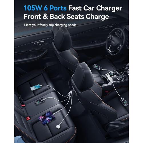 Rocoren 105W 6-Port Multiport Car Charger, PD Fast USB C Car Charger for Multiple Devices,Cigarette Lighter Adapter Car Travel Essentials for Road Trips with 5FT Cable,Car Accessories for iPhone 17/16
