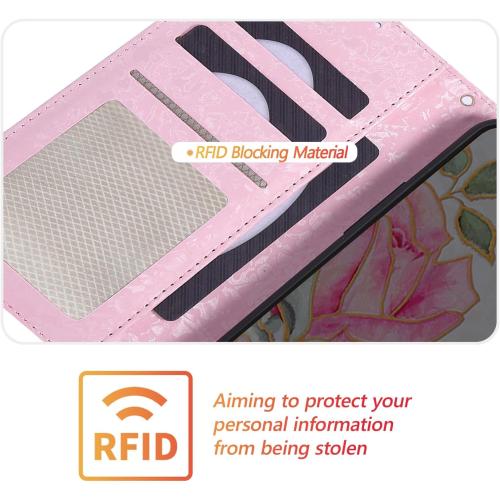 UEEBAI Wallet Case for iPhone 16 Plus, PU Leather Phone Cover Kickstand RFID Blocking Flip Case Card Slots Wrist Strap Relief Engraved Pattern Magnetic Closure Flower Folio Wallet, White Rose