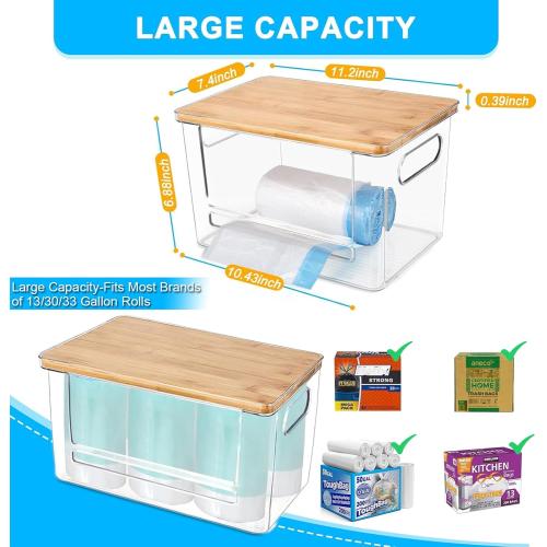 Riian Trash Bags Dispenser, Trash Bag Holder, Stackable Garbage Bag Holder with Bamboo Lid, Acrylic Storage Container for Under Sink, Laundry Room Organization and Storage (1 Pack)