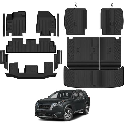 Custom Fit Floor Mats for Nissan Pathfinder 7 Seats/Captain Seat 2022-2026, All Weather TPE Floor Liners & Trunk Mat & Backrest Protectors & Door Sill Guard, Full Set Interior Accessories