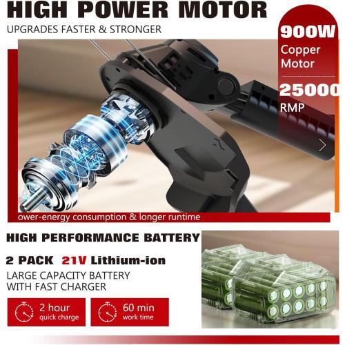 Electric Weed Wacker Eater Cordless, Weed Wacker Battery Powered, Weed Trimmer with 2 21V/2Ah Battery Operated & 25 Blades & Wheels, No-String Grass Trimmer/Brush Cutter/Edger for Garden Yard