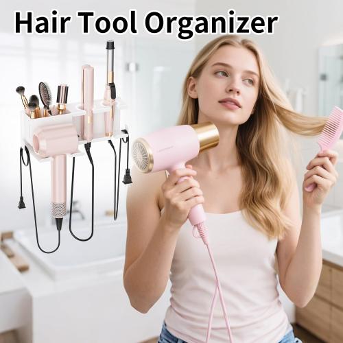 Hair Dryer Holder, Hair Tool Organizer Wall Mount, Adhesive or Drill, White