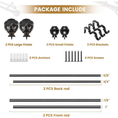 KAMANINA 1 Inch Double Curtain Rods for Windows 36 to 72 Inches (3-6 Feet)，Black Heavy Duty Double Curtain Rod, Telescoping Drapery Rod with Netted Texture Finials