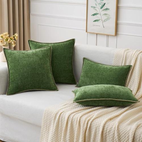 MIULEE Pack of 2 Couch Pllow Covers 18x18 Inch Moss Green Farmhouse Decorative Throw Pillow Covers with Stitched Edge Soft Chenille Solid Dyed Pillow Covers for Sofa Bed Living Room