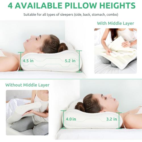 UTTU Cervical Pillow for Neck Strain Relief, Memory Foam Neck Pillow for Sleeping, Adjustable Orthopedic Sandwich Pillow, Contour Cooling for Side Back Stomach Sleeper, Queen(23.6×14×5.2/4.5)