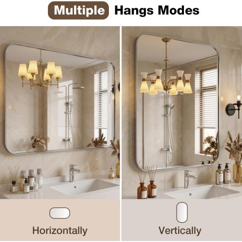 24x36 Bruhed Nickel Rectangle Vanity Bathroom Mirror, Set of 2 | Aluminum Alloy Frame, Clear Reflection, Rust-Resistant, Vertical or Horizontal, Wall Mount, Bedroom and Entryway