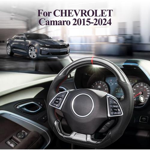 Steering Wheel for Camaro 2015-2024 Hydro Dip Carbon Fiber Steering Wheel with D-shaped Flat-bottom Perforated Leather Grip Hand-Stitched Compatible with Camaro