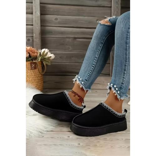 Black Contrast Print Suede Plush Lined Snow Boots for Winter