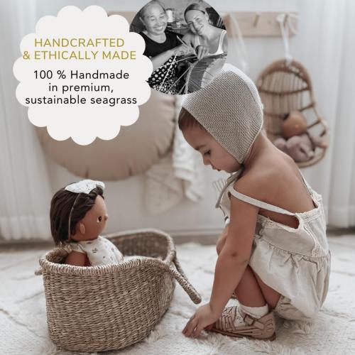 BEBE BASK Premium Baby Doll Bassinet - Handcrafted & Award-Winning Seagrass Moses Basket - Doll Carrier with Luxe Mattress