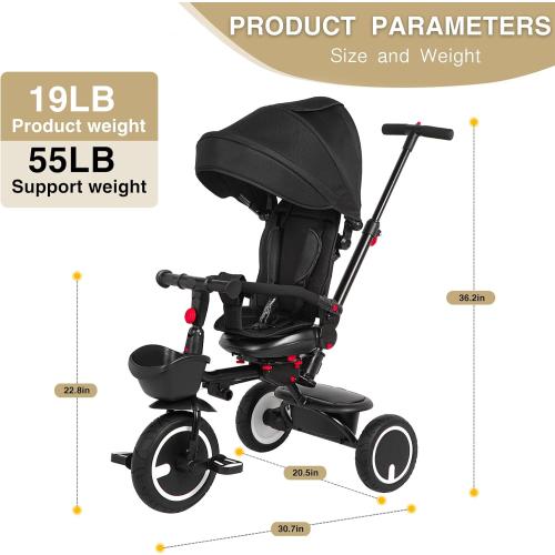 Baby Tricycle, 6-in-1 Folding Tricycle with Removable Push Handle, Rotatable Seat, Adjustable Canopy, Storage Box, Safety Harness, Balance Bike, Toddler Trike for 7 Months - 5 Year Girls and Boys