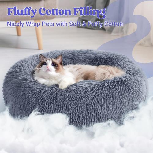 Beds for Indoor Cats, 20 inches Cat Bed Machine Washable, Fluffy Round Pet Bed Non-Slip, Calming Soft Plush Donut Cuddler Cushion Self Warming for Small Dogs Kittens, Dark Grey, Medium