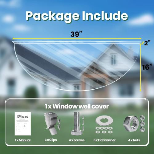 Polycarbonate Window Well Cover Clear, UV Resistant Basement Window Well Covers Outside,Heavy-Duty Window Well Covers Protects Against Debris,Snow & Rain,Crystal Clear Covering for Window(39L X 16W)