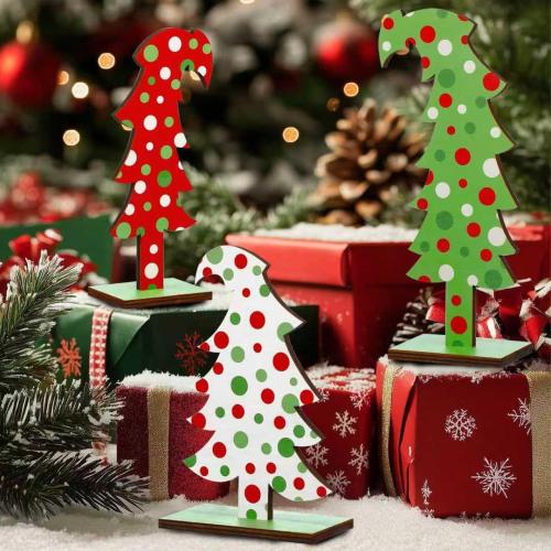 3 Pcs Wood Christmas Tree Tabletop, Lime Green Bendable Mini Christmas Tree Small Decor Farmhouse Standing with Base for Home Office Tabletop Decoration (Polka dot)
