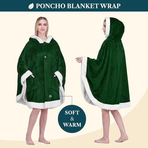 PAVILIA Sherpa Fleece Wearable Blanket for Adult Women, Cozy Plush Blanket Poncho Cape with Hood, Super Soft Shawl, Angel Wrap Throw for Office, Emerald Green