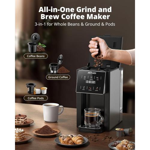 AIRMSEN Grind & Brew Coffee Maker with Built-in Grinder - Single-Serve Machine Compatible with K-Cup Pods & Ground Coffee, 1000W Fast 6-14oz Brew, Descaling Alert, Touchscreen & 50oz Removable Tank