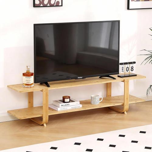 Wood Bamboo TV Stand for 55-Inch TVs, 2 Open Shelves, Modern Console | Mid Century Style, Open Storage for Electronics and Decor in Living Rooms and Bedrooms