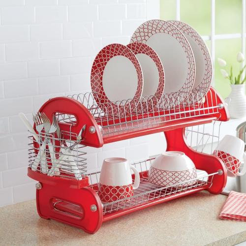 Size 2 Tier Color red Montgomery Ward Retro 2-Tier Dish Rack, Space-Saving Design, Durable Plastic and Chrome-Plated Wire, Easy Assembly (Delicious Red)