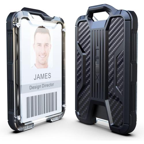 LIUGX Retractable Badge Holder with Belt Clip, Heavy Duty Carabiner Keychain,Durable ID Card Holder (Holds 4 Cards), Carbon Fiber-Texture, with 31.5”Badge Reel Key Chain, 10,000  Rebound, Silver-Black