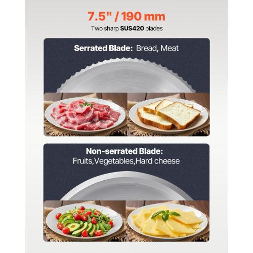 VEVOR Meat Slicer, 7.5 inch Electric Deli Food Slicer, 180W Meat Cutter with two Premium SUS420 Blades, 0-0.6 inch Adjustable Thickness, ETL Certified Food Slicer Machine for Home Use
