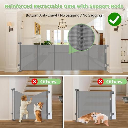96 Inch Wide Reinforced Retractable Dog Gate with Support Rods - Prevent Crawling Under, Extra Long Retractable Baby Gate Large Dog Gate Indoor/Outdoor Retractable Pet Gate, Gray