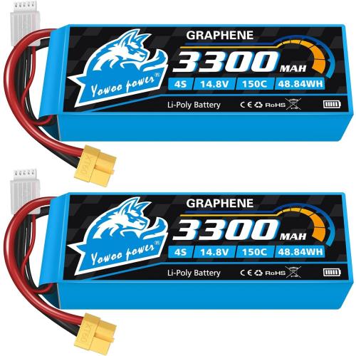 Yowoo 2 Packs 4S Lipo Battery 14.8V 3300mAh 150C Graphene Battery with XT60 Plug for Mikado Goblin Align 550 600 Series Helicopter RC Airplane Boat UAV Drone FPV Car Truck Boat (EC3/T/TR/Tamiya)