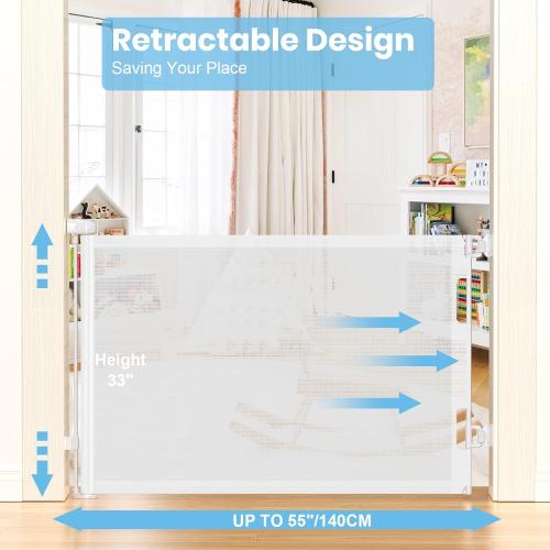 HAMOPY Retractable Baby Gate, 33 Tall, Extends up to 55 Wide, Durable Auto-Lock Baby Gate for Stairs, Mesh Dog Gate and Child Safety Gates for Doorways, Hallways, Indoor, Outdoor(White)