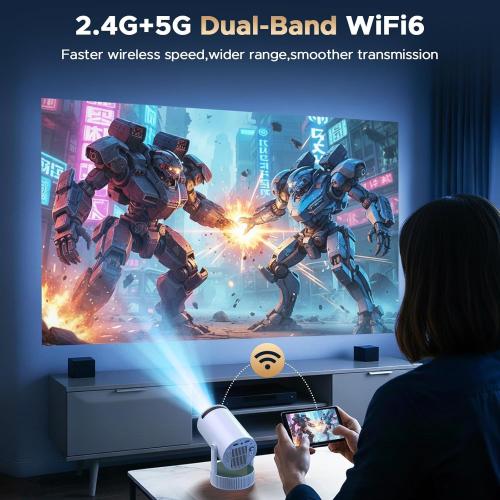 Mini Projector, Projector with Wifi and Bluetooth Built-in Battery 4K Portable Projector for Outdoor Bedroom, Smart Projectors 1080P Compatible with iphone/TV Stick/HDMI/Laptop