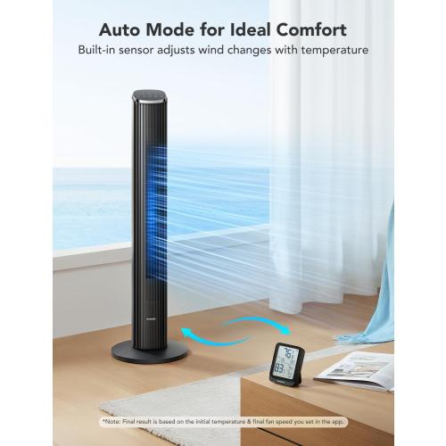 GoveeLife Black Tower Fan for Bedroom, 36 Smart Floor Fan with App/Voice Control, Temperature Sensor, 5 Modes 8 Speeds(25ft/s), 29dB Quiet Oscillating Fan for Office, 24H Timer, Auto Cooling
