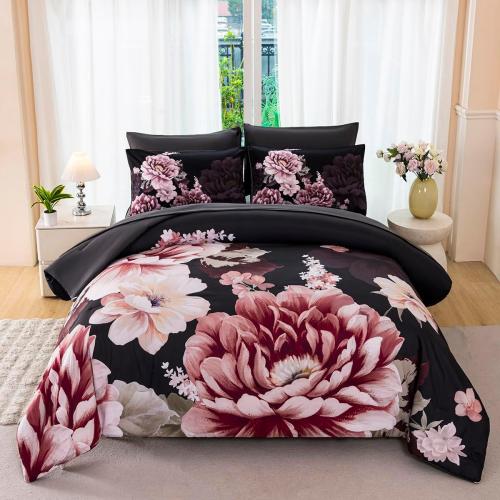Black-Gray Floral Comforter Set Queen Size 7 Pieces Peony Bed in A Bag Ornate Elegant Botanical Flower Bedding Set for Women Home Decor(Black-Gray, Queen)
