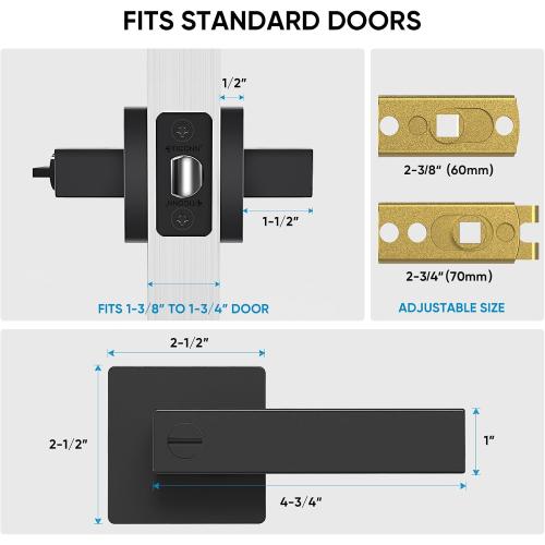 TICONN 1PK Matte Black Door Handles Interior, Reversible Square Door Levers Knob for Hallway, Bedroom, Bathroom (with Lock, 1PK Privacy)