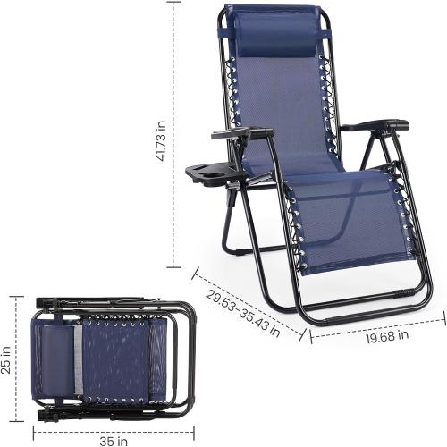Sweetcrispy Zero Gravity Chairs, Set of 2 Portable Recliner Beach Camping Patio Outdoor Folding Lounge Chair with Cup Holder Trays and Adjustable Pillow for Poolside, Garden, Backyard, Lawn (Blue)
