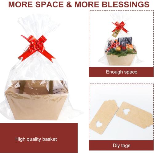 KEVTVEK Bigger Baskets for Gifts Empty, 6 Pack Sturdy Kraft Basket With Handles Gift Basket Kit, 6 Shrink Wrap Bags, 6 Bows and Hang Tag, Empty Gift Baskets to Fill for Easter Birthday Baby Shower