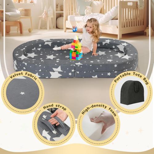 Color Grey and stars Travel Toddler Bed, 3-in-1 Portable Foldable Toddler Chair,Soft Foam Floor Bed Lounger with Washable Cover,Star