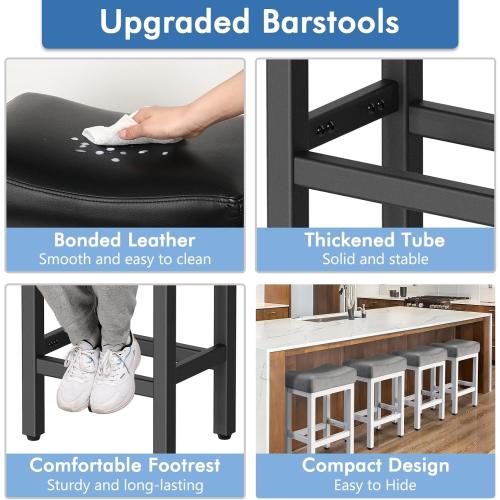 Raynesys 24 Inche Bonded Leather Counter Height Bar Stools Set of 2 Square | Barstools with Thick Bonded Leather Saddle Seats & Heavy Duty Metal Base for Kitchen Counter, Easy Assembly, All Black