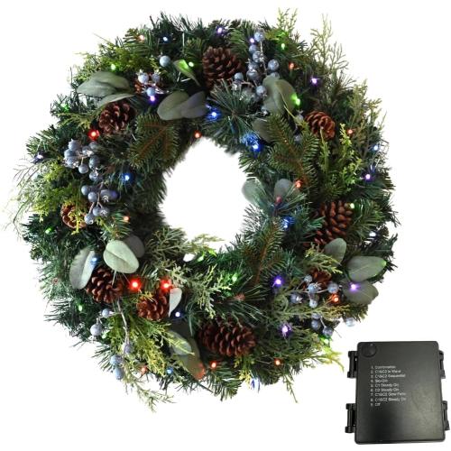 Prelit 24 Holiday Wreath – Lifelike Mixed Artificial Pine & Cedar with Blueberries and 50 Battery-Operated Color-Changing LED Lights, Steady, Twinkle Lights
