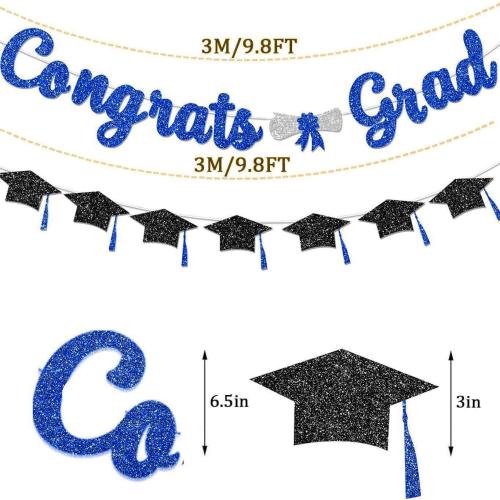 Congrats Grad Banner - 2 Pcs Glitter Congrats Grad with Tassel for Graduation Party DIY Decorations, Class of 2025/2026 Graduation Decorations Party Supplies, Blue and Black