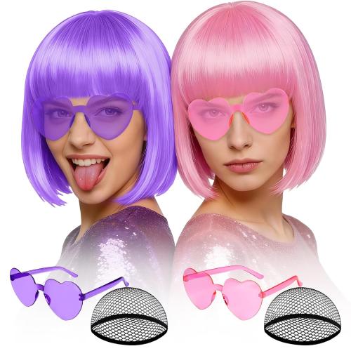 MEEZY 2 Pcs Colorful Bob Wigs with Bangs Pink Purple for Women, Neon Funny Wig Short Bob Hair with Heart Sunglasses Hair Cap for Halloween Costume Cosplay Birthday Bachelorette Party Carnival