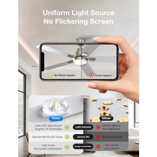 warmiplanet 52 Inch Indoor Ceiling Fans with Lights and Remote Control, 6 Speeds Slient Reversible DC Motor, 3 Color Dimmable LED Light, Timer, Brushed Nickel, 5 Blades
