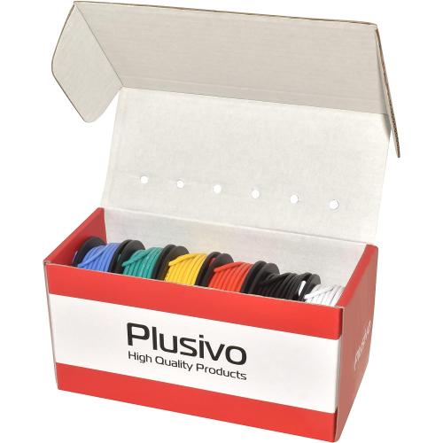 18 AWG Solid Core Hookup Wire Kit – 18 Gauge Copper Pre-Tinned PVC Coated 16ft or 5m Each Spool, 6 Colors (Black, Red, Yellow, Green, Blue, White), Jumper Electrical Wire Hook Up Wire Kit from Plusivo