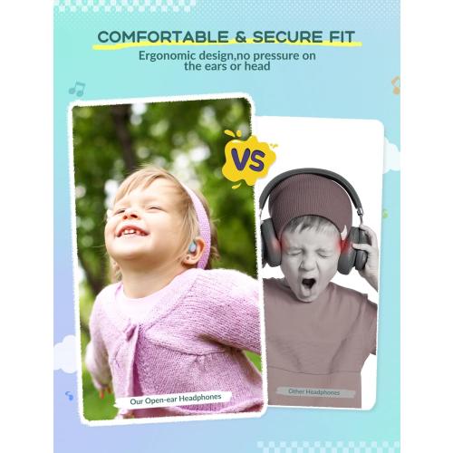 iClever Kids Headphones, Bluetooth 5.4 Air Conduction Open Ear Headphones, Safe Volume 74&85 dBA, Clear Audio, 360° Bending, Ultra-Light Comfortable Kids Wireless Headphones for iPad/Travel/Sports