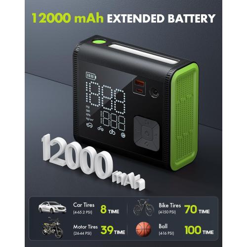 Color Green Anykit Tire Inflator Portable Air Compressor, 150PSI 4X Fast (Dual Cylinder) Inflation Air Pump with Digital Pressure Gauge, 12000mAh Electric Cordless Tire Pump for Truck, Car (Green)